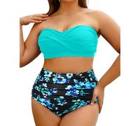 Yonique Zweiteiliger Damen-Badeanzug, Übergröße, hohe Taille, Bandeau-Bikini, Bauchweg-Badeanzug, 44 Mehr