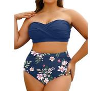 Yonique Zweiteiliger Damen-Badeanzug, Übergröße, hohe Taille, Bandeau-Bikini, Bauchweg-Badeanzug, blaue blume, 18 Plus