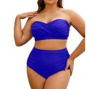 Yonique Zweiteiliger Damen-Badeanzug, Übergröße, hohe Taille, Bandeau-Bikini, Bauchweg-Badeanzug, Königsblau, 12 Plus