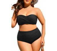 Yonique Zweiteiliger Damen-Badeanzug, Übergröße, hohe Taille, Bandeau-Bikini, Bauchweg-Badeanzug, Schwarz, 18 Plus