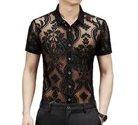 Yonititeee Durchsichtiges Hemd für Herren und Damen, sexy, kurzärmelig, Nachtclub, Fischnetz-Spitzenhemd, Cs02, Mittel