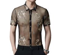 Yonititeee Durchsichtiges Hemd für Herren und Damen, sexy, kurzärmelig, Nachtclub, Fischnetz-Spitzenhemd, Cs06, 3X-Groß