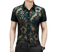 Yonititeee Herren-Hemden, Mesh, durchsichtig, sexy, kurzärmelig, Clubwear, Fischnetz, Spitzenhemd, Cs01, Mittel