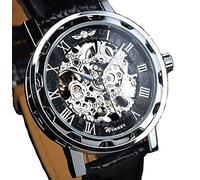 YONY Fashion Winner Black Leather Band Edelstahl Skeleton Mechanische Uhr für Herren Gold Mechanische Armbanduhr Luxusmarke-Silber
