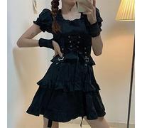 YONY Frauen Gothic Lolita Kleid Goth Punk Gothic Harajuku Mall Goth Style Verband Schwarzes Kleid Emo Kleidung Kleid Frühling-01 Schwarz,XXL