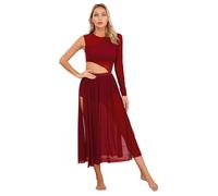 YOOJIA Damen Tanzkleid Eiskunstlauf Kleid Ballettanzug Lang Ballettkleid EIN Schulter Latein Rumba Tango Kleid Ballsaal Dancewear Burgundy L