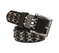 YOPADO 3 Reihen Silber Metall Kreuz und Kreis Nietengürtel Echtleder Gürtel mit Kratzfeste Dornschließe 105-125cm Länge Punk Rock Style Ledergürtel für Herren Damen(110cm/waist:37", Black)