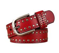 YOPADO Damen Punk-Rock Gürtel Echtleder mit Nieten,Unisex Mode Nietengürtel Ledergürtel Leather Belt Verstellbare Größe für Jeans Hosen (105cm/waist:34"~36", Red)