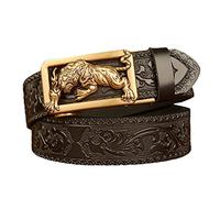 YOPADO Herren Damen Ratsche Gürtel Aus Geschnitztes Rindsleder Mit Goldener 3D- Skulptur Tiere Automatikschließe Handgefertigtes Schwarzes Ledergürtel (130cm/waist:44"~46", Tiger)