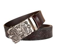 YOPADO Ledergürtel Herren/Junge Handgemachtes Drachenkopf Silber Schnalle Leder Gürtel Automatik Geprägtem Ornament Drachen-Muster Jeans Belt(110cm/waist:37", Brown)