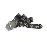 YOPADO Punk Gothic Nietengürtel Totenkopf Prägung Runde Nieten Rindsleder Ledergürtel, 3.8cm Breit Jeansgürtel mit Western Blumen Gravur Schnalle(110cm/waist:37", Black~B)