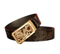 YOPADO Ratsche Gürtel Für Herren, 3,5cm Breiter Echtledergürtel Mit Automatikschließe Schiebeschnalle Gravierte Hohle Goldener Drache Dekor-skulptur(115cm/waist:39", Black)