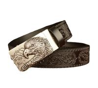 YOPADO Ratsche Ledergürtel Geschnitztes Western Adler Silberner Quadratischer Automatikschließe Verstellbare Gürtel Mit Geprägtem Ornament Muster(110cm/waist:37", Black)