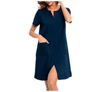 YOSUWOAI Bademantel Damen Knielang Nachthemd mit Reissverschluss Kurzarm Hauskleid Leichter Bequem Morgenmantel Locker Bequem Loungewear mit Taschen Einfarbige Schlafkleid