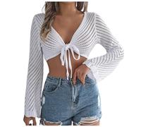 YOSUWOAI Cardigan Damen Sommer Stricken Langarm Crop Top Sexy Streifen Hohl Offene Krawatte Abgeschnittener Cardigan Solide Leichte Jacke Shrug Y2K Crochet Sonnenschutz Shirts