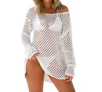 YOSUWOAI Crop Top Damen Transparentem Fischnetz Oberteil Netzshirt Crochet Strickpullover Einfarbig Langarm Cover Up Strand Badekleid Netz Oberteil Frauen Mesh Kurz Sommerkleid