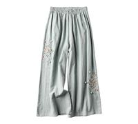 YOSUWOAI Damen Freizeithose Ethnisch Stil Stickerei Trousers Vintage Sommerhosen Elastischer Bund Strandhosen Lockere Bequem Loungehose Weites Bein Urlaub Strand Hose