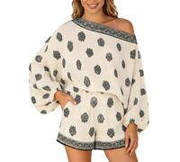 YOSUWOAI Damen Kurzer Jumpsuit Boho Kleidung One-Shoulder Einteiler Ballonärmeln Ethnisches Blumenprint Romper Sommer Outfit Ethnischer Bordüre Playsuit Casual Strand