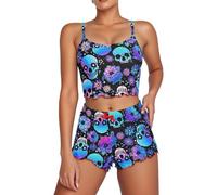 YOSUWOAI Damen Pyjama Set 2-teilig Dessous und Nachtwäsche mit Totenkopf Blumendruck Bikini Sets Locker Schlafanzug Sommer Leichte Atmungsaktiv Loungewear Bequem Weich Hausanzug