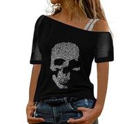 YOSUWOAI Damen Sommer T-Shirt mit Totenkopf Strass Motiv Schulterfrei Kurzarm Tshirts Baggy Tunika-Bluse Sexy Partybluse Sommer Oberteil Boho Sommershirt Hawaii Strandshirts