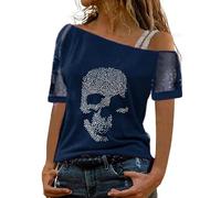 YOSUWOAI Damen Sommer T-Shirt mit Totenkopf Strass Motiv Schulterfrei Kurzarm Tshirts Baggy Tunika-Bluse Sexy Partybluse Sommer Oberteil Boho Sommershirt Hawaii Strandshirts