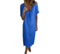 YOSUWOAI Damen Strandkleider Sommer Kurzärmelig V-Ausschnitt Boho Einfarbig Locker Kaftan Lang Freizeitkleid Elegant Maxikleid für Urlaub Casual Strand Atmungsaktiv Leicht Urlaubkleid