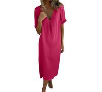 YOSUWOAI Damen Strandkleider Sommer Kurzärmelig V-Ausschnitt Boho Einfarbig Locker Kaftan Lang Freizeitkleid Elegant Maxikleid für Urlaub Casual Strand Atmungsaktiv Leicht Urlaubkleid