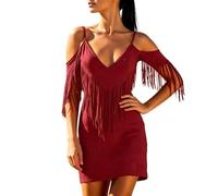 YOSUWOAI Damen Western Cowboy Fransen Kleid Schulterfrei Vintage Minikleid Wildleder V-Ausschnitt Cowgirl Quaste für Country Konzerte Party Sexy Kurz Latein Tanzkleid