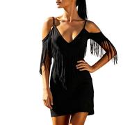 YOSUWOAI Damen Western Cowboy Fransen Kleid Schulterfrei Vintage Minikleid Wildleder V-Ausschnitt Cowgirl Quaste für Country Konzerte Party Sexy Kurz Latein Tanzkleid