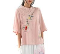 YOSUWOAI Frauen Leinen Vintage Blusen Chinesische Traditionelle Kleidung Kurzarm Stehkragenknopf Leinenhemd Ethnische Streetwear T-Shirt Loose fit Training Sportshirts