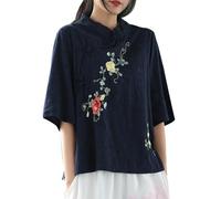 YOSUWOAI Frauen Leinen Vintage Blusen Chinesische Traditionelle Kleidung Kurzarm Stehkragenknopf Leinenhemd Ethnische Streetwear T-Shirt Loose fit Training Sportshirts