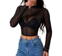 YOSUWOAI Glitzer Oberteile Damen Festival Netzoberteil Transparentes Langarm Netzshirt Sexy Crop Tops Enges Bluse Schwarz Durchsichtig Pailletten Top für Tunika Clubwear Party