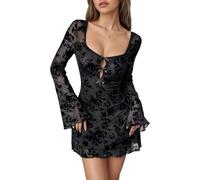 YOSUWOAI Gothic Kleid Damen Sexy Mesh Minikleid Langarm Kleid Transparent Rückenfreie Kleider Cut Out Partykleid Kurz Spitzenkleid Blume Spitzen Y2K Korsett Party Minikleid