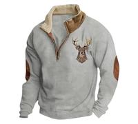 YOSUWOAI Half Zip Pullover Herren Jagd Hirsch Bedruckte Sweatshirt Langarm Pullover Vintage Winter Oberteile mit Stehkragen Loose fit Winterpullover Oversized Arbeitspullover