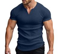 YOSUWOAI Herren Kurzarm T-Shirts V-Ausschnitt Poloshirt Freizeit Stretch Atmungsaktiv Oberteile Sommer Schlanke Passform Muskelshirts Casual Henley Shirt Geripptes Tshirts