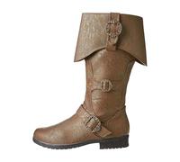YOSUWOAI Herren Mittelalter Stiefel Renaissance Piratenstiefel Wikinger Cosplay Schuhe niedriger Absatz Retro Langschaft PU Leder Ritterstiefel mit Gürtelschnalle Manschettenschuhe