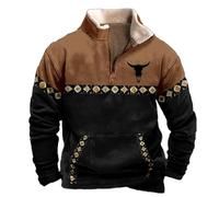 YOSUWOAI Herren Western Fleecejacke Cowboy Bull Head Print Pullover mit 1/4 Reißverschluss Stehkragen Langarm Sweatshirts Vintage Sweaters Winter Harajuku Drucken Pullover mit Taschen