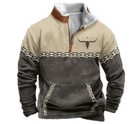 YOSUWOAI Herren Western Fleecejacke Cowboy Bull Head Print Pullover mit 1/4 Reißverschluss Stehkragen Langarm Sweatshirts Vintage Sweaters Winter Harajuku Drucken Pullover mit Taschen