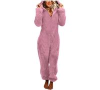 YOSUWOAI Jumpsuit Damen Teddy Fleece Einteiler Overall Flauschig Schlafanzug Winter Warm Onesie Plüsch Kuschelig Hausanzug Lang Schlafoverall Weich Pyjama Schlafanzug mit Kapuze Homewear