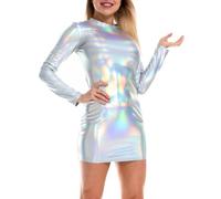 YOSUWOAI Metallic Glänzendes Langarm Kleid Damen Sexy Minikleid aus Leder Wetlook Clubwear Rundhals Kurzer Bodycon PU Leder Partykleid für Nächtliche Party Rave Tanzkleid