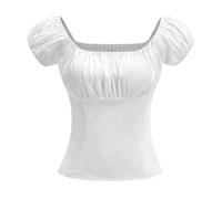 YOSUWOAI Renaissance Hemd für Damen Schulterfrei Kurzärmelig Sommer Shirts Quadratischer Ausschnitt Bauernbluse 1950er Vintage Rockabilly Puffärmel Blouse Mittelalter Freizeithemd