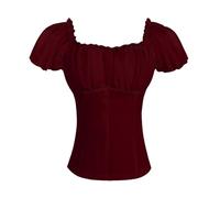 YOSUWOAI Renaissance Hemd für Damen Schulterfrei Kurzärmelig Sommer Shirts Quadratischer Ausschnitt Bauernbluse 1950er Vintage Rockabilly Puffärmel Blouse Mittelalter Freizeithemd