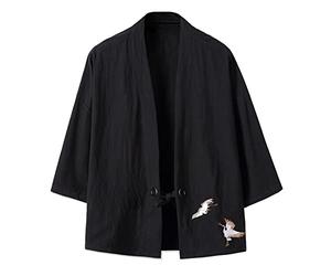 YOSUWOAI Sommer Herren Kimono Hemd Samurai Japanisches Kleid Robe Lose Yukata Jacke Streetwear Asiatische Kleidung Stickerei Haori Kimono Harajuku Japanischer Stil Leinen Cardigan Jacke