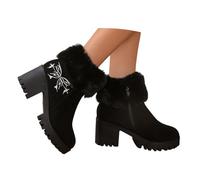 YOSUWOAI Stiefeletten Damen Stiefel Ankle Boots Flauschige Umklappbare Winterstiefel mit Hohem Absatz Seitlichem Reißverschluss Schnürboots Kurzem Schaft und Blockabsatz in Übergrößen