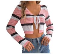 YOSUWOAI Strickjacken für Damen Bolero Cardigans Durchbrochen Gestreift Schnür Bolero Shrug Langärmelig Kurzes Shrug Oberteil Sommer Leichte Sonnenschutz Shirts mit Offener Vorderseite