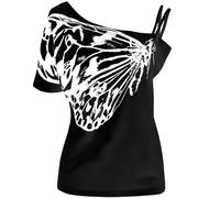 YOSUWOAI Tee Y2k Damen Grunge Top Emo Vintage Kurzarm T-Shirt Crop Tops Schulterfrei T-Shirt mit Schmetterlings Print Sexy Punk Gothic Asymmetric Tshirts Y2K Clubwear