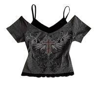 YOSUWOAI Tee Y2k Damen Grunge Top Emo Vintage Kurzarm T-Shirt Crop Tops Schulterfrei T-Shirt mit Schmetterlings Print Sexy Punk Gothic Asymmetric Tshirts Y2K Clubwear