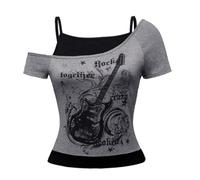 YOSUWOAI Tee Y2k Damen Grunge Top Emo Vintage Kurzarm T-Shirt Crop Tops Schulterfrei T-Shirt mit Schmetterlings Print Sexy Punk Gothic Asymmetric Tshirts Y2K Clubwear