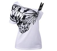 YOSUWOAI Tee Y2k Damen Grunge Top Emo Vintage Kurzarm T-Shirt Gothic Asymmetric Tshirts Clubwear Crop Tops Schulterfrei T-Shirt mit Schmetterlings Print Punk Sommer Bluse