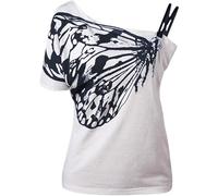 YOSUWOAI Tee Y2k Damen Grunge Top Emo Vintage Kurzarm T-Shirt Gothic Asymmetric Tshirts Clubwear Crop Tops Schulterfrei T-Shirt mit Schmetterlings Print Punk Sommer Bluse